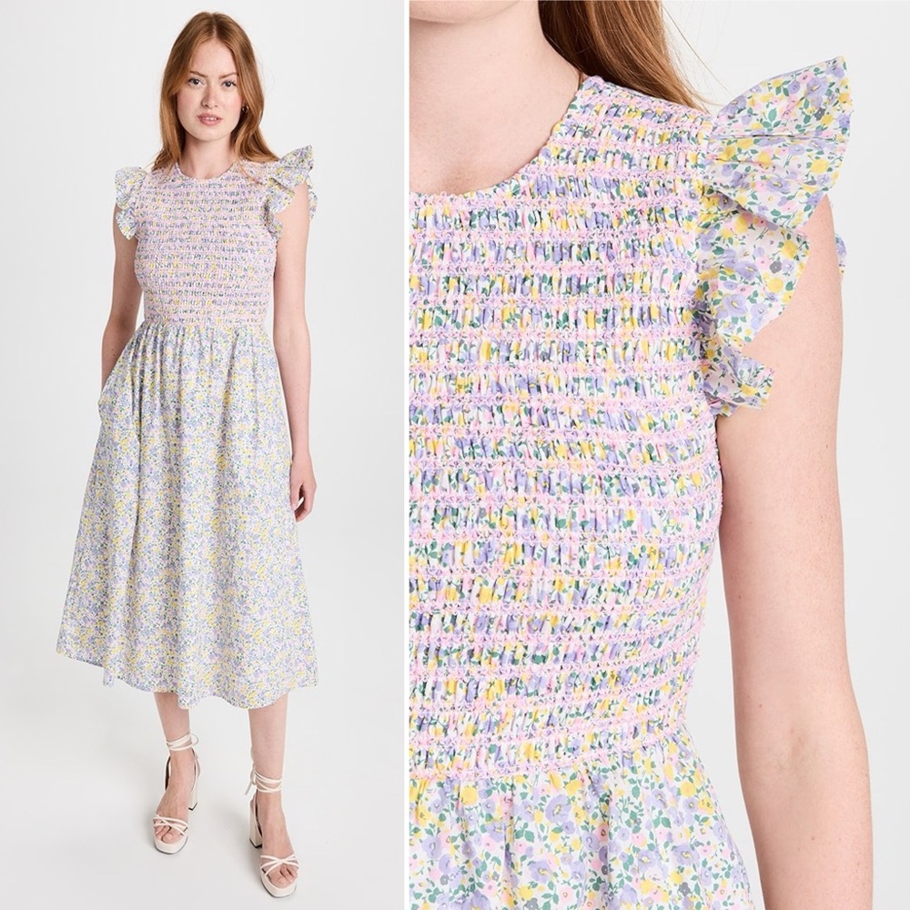 English Factory Floral Smocked Midi Dress Mixed Print Ruffle Cottagecore Boho XS